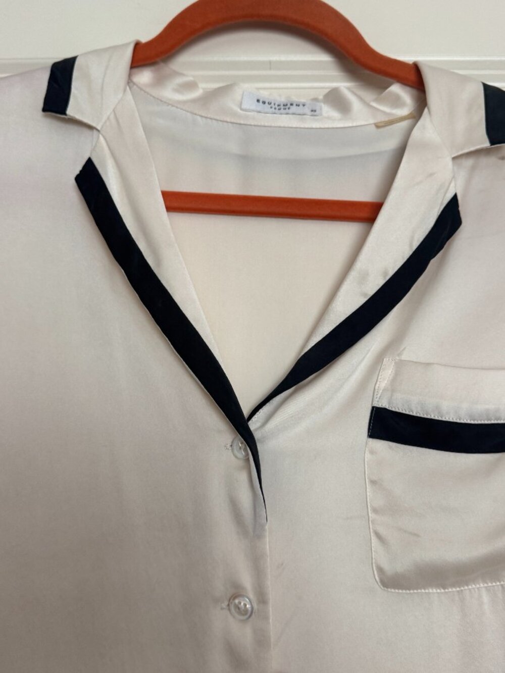 Equipment Cream Silk Blouse Black Trim Collar and Cuffs XS - As Is